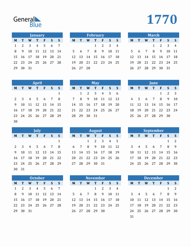 1770 Year Calendar with Monday Start