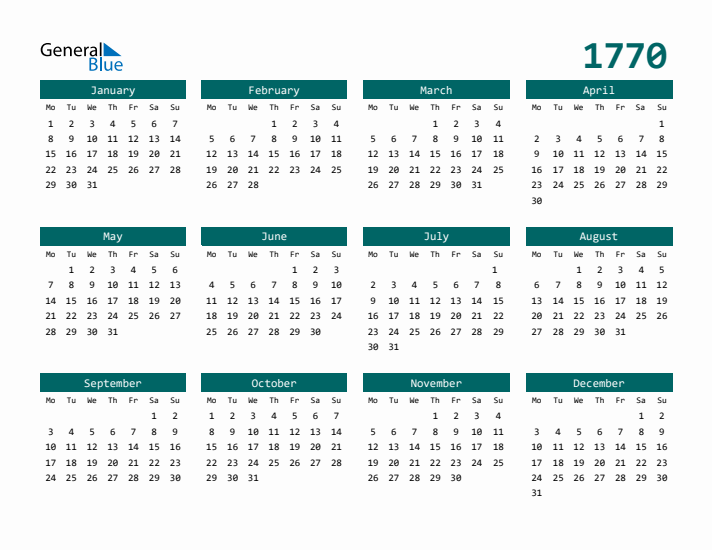 Downloadable 1770 Calendar