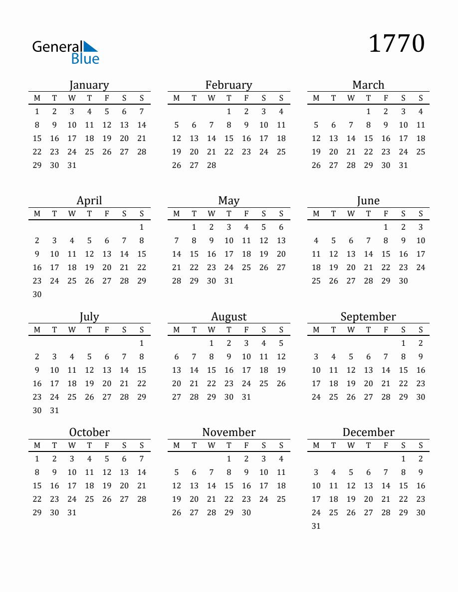 Year 1770 Free Printable 12-Month Calendar