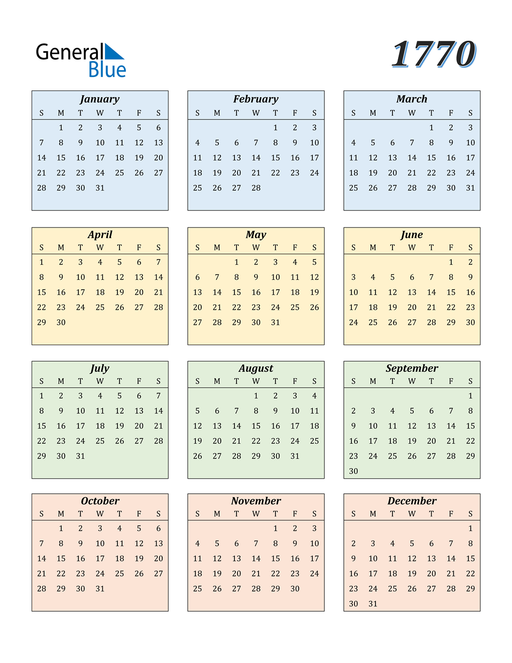 1770 Calendar (PDF, Word, Excel)