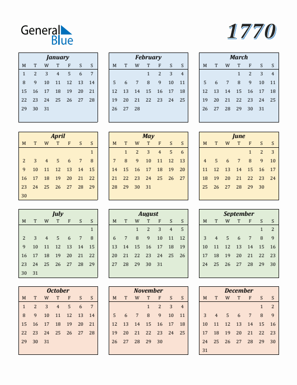 Calendar for 1770 (Monday Start)