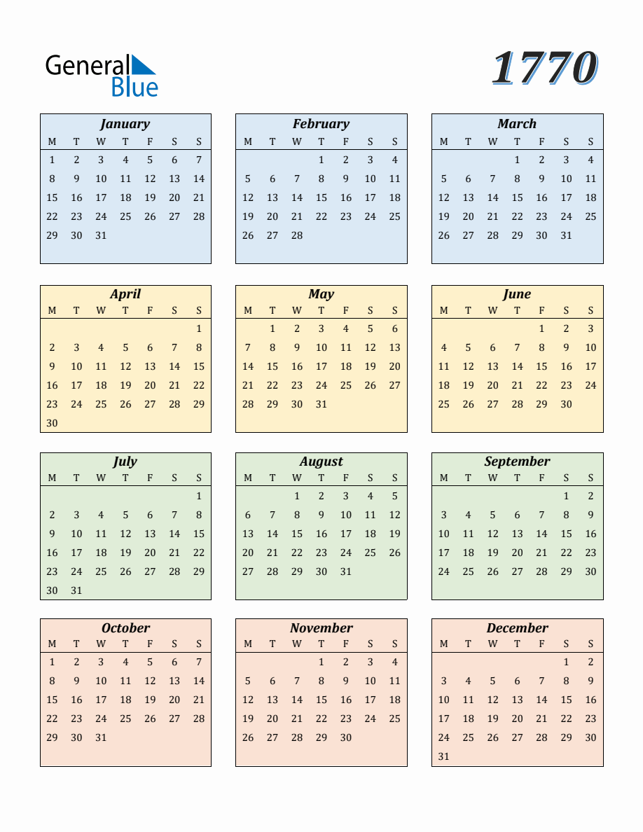 Calendar for Year 1770