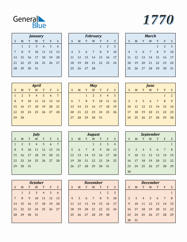 Calendar for 1770 (Sunday Start)