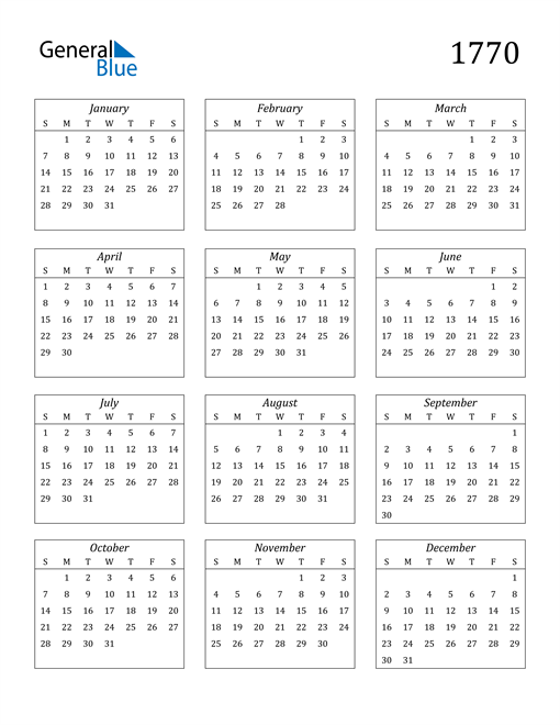 1770 Calendar (PDF, Word, Excel)