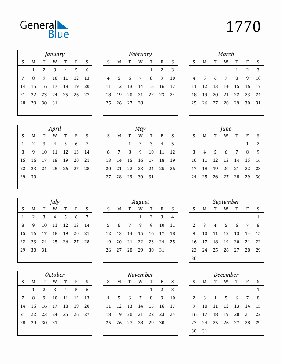 1770 Blank Yearly Calendar Printable