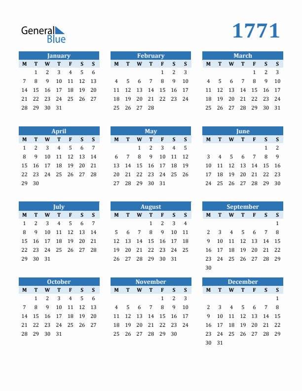 1771 Year Calendar with Monday Start