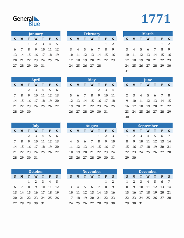 1771 Year Calendar with Sunday Start
