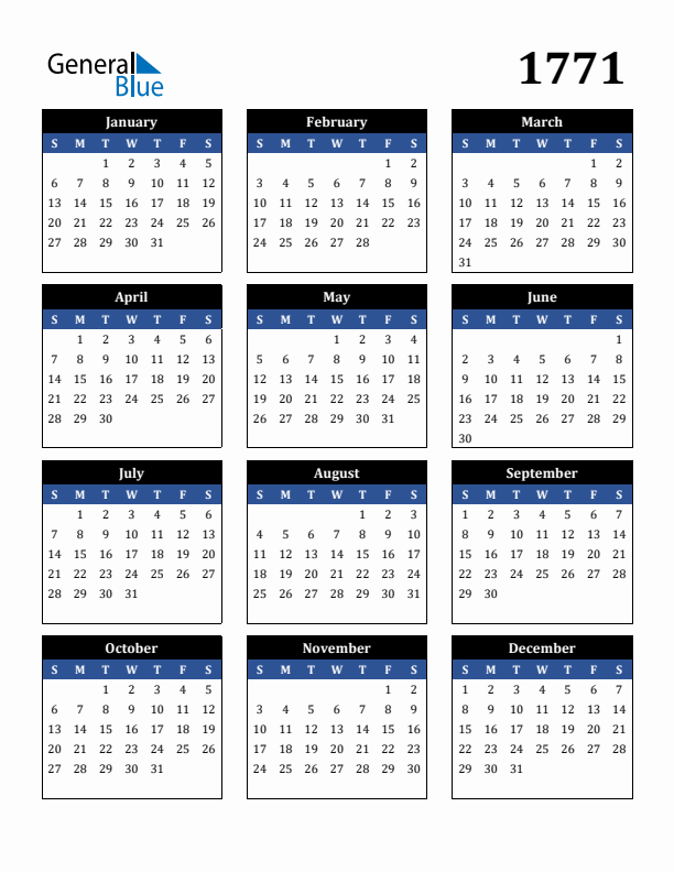 Editable Calendar 1771 - Sunday Start
