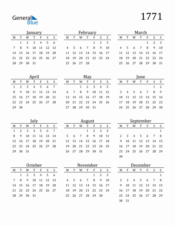 Free Printable Calendar 1771 with Monday Start