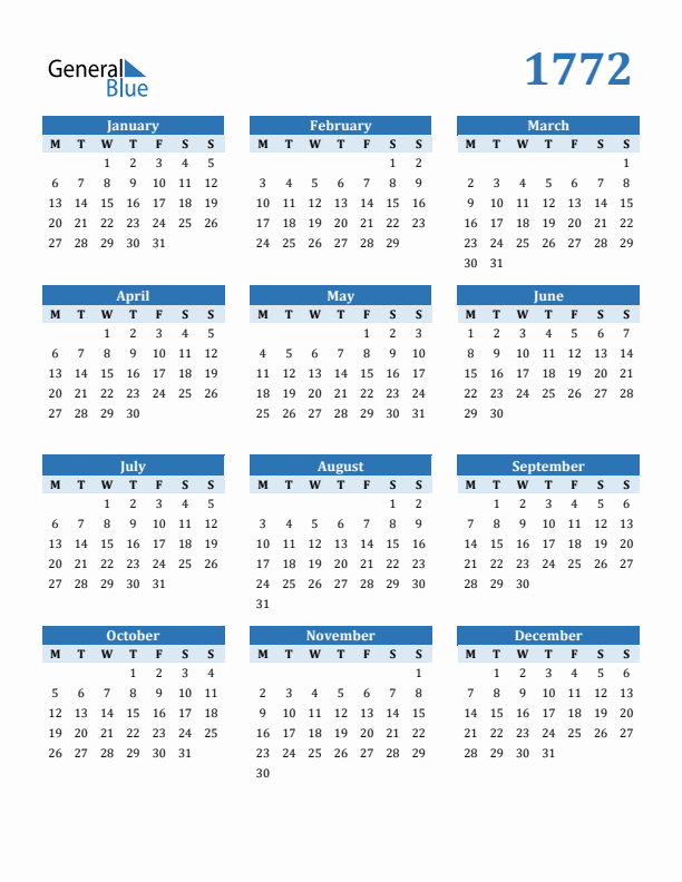 1772 Year Calendar with Monday Start