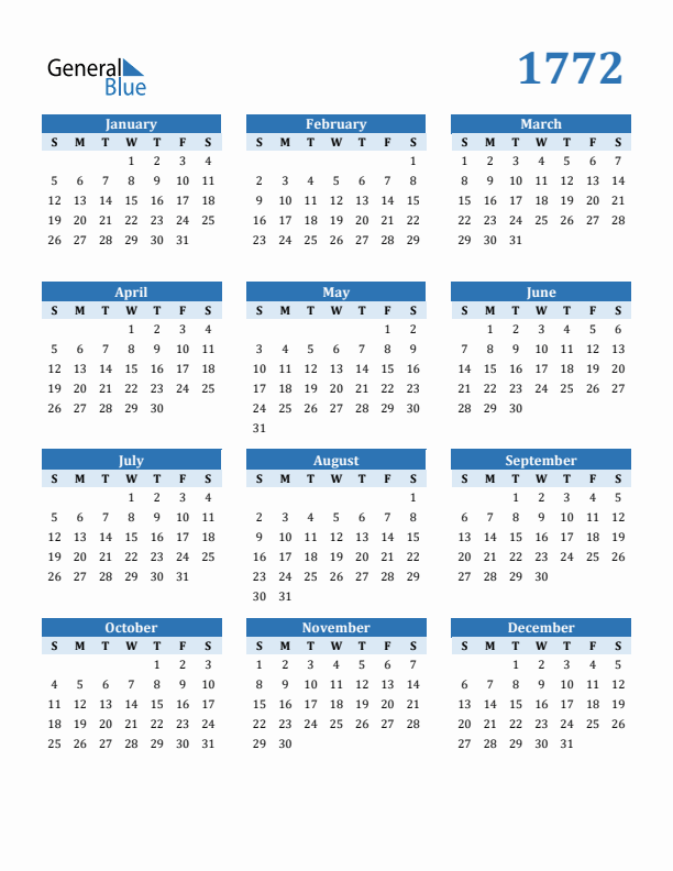 1772 Year Calendar with Sunday Start
