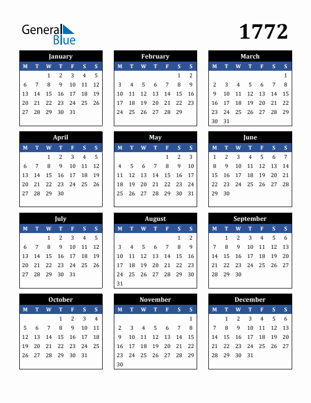 Editable Calendar 1772 - Monday Start