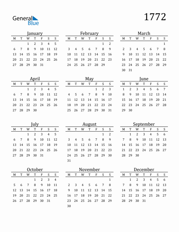 Free Printable Calendar 1772 with Monday Start