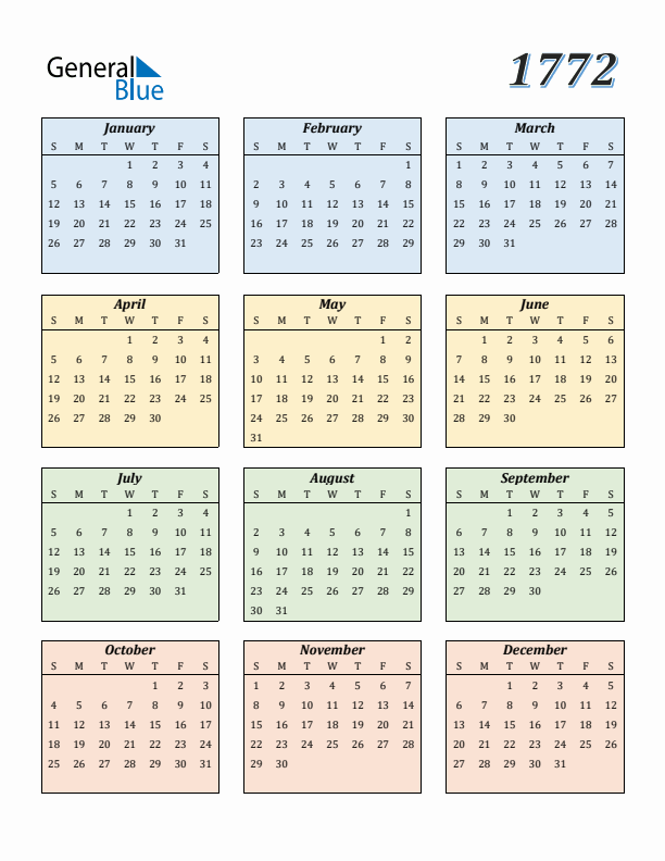 Calendar for 1772 (Sunday Start)
