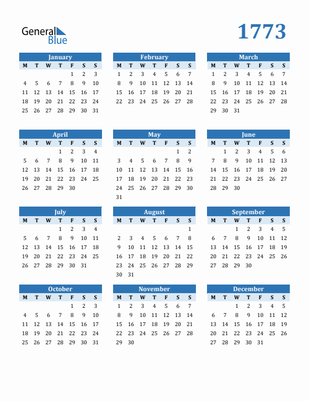1773 Year Calendar with Monday Start