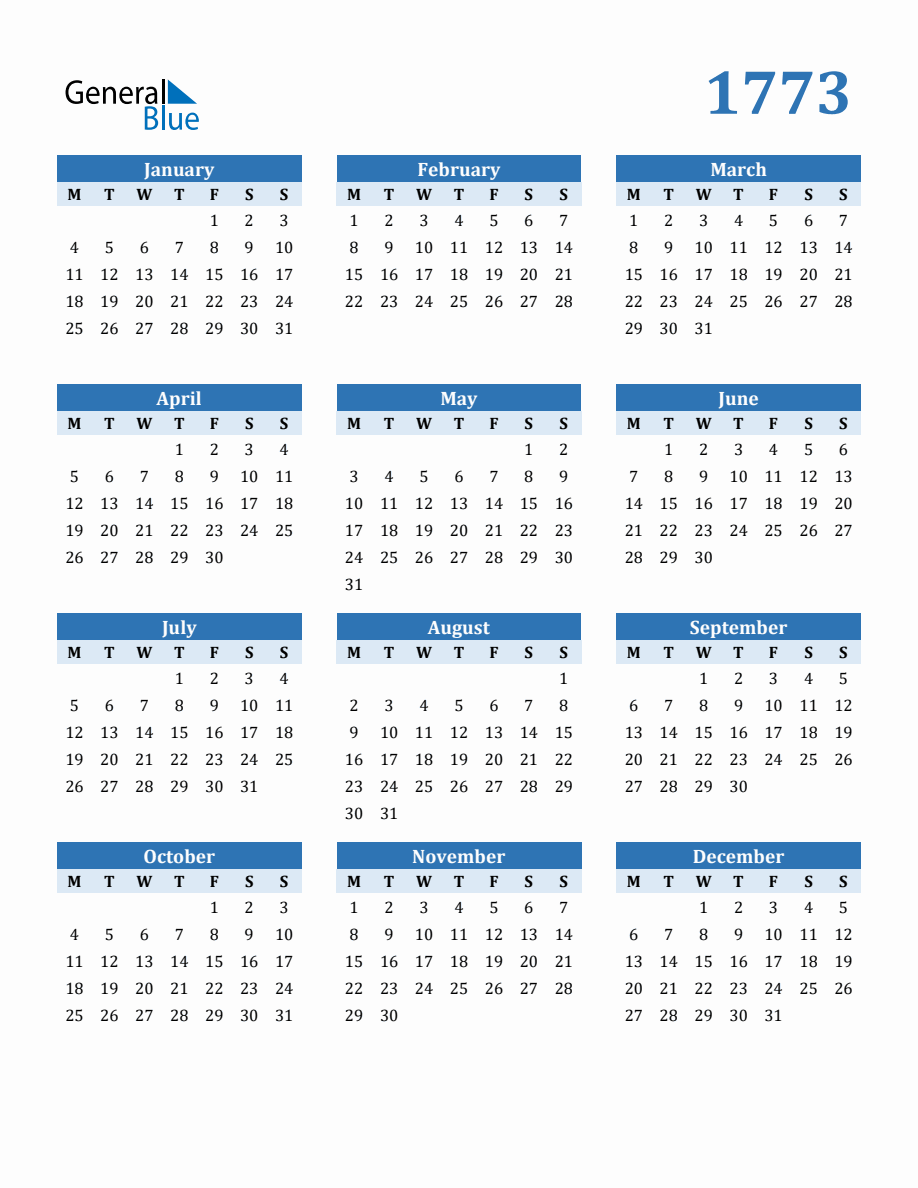 Free 1773 Year Calendar in PDF, Word, and Excel