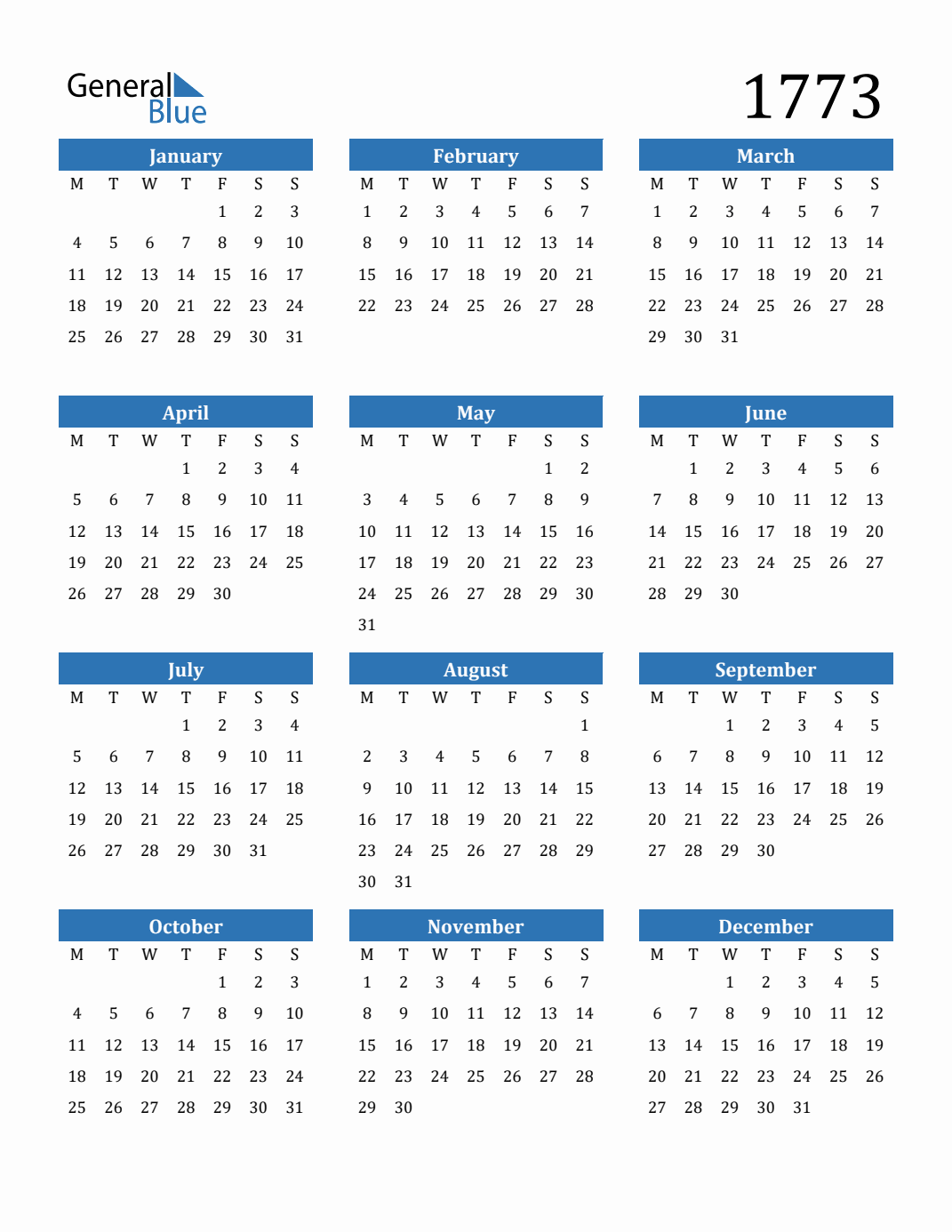 1773 Calendar with Monday Start