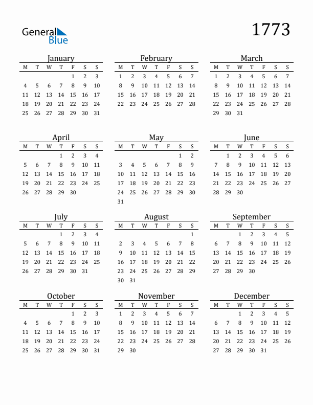 Free Printable Calendar 1773 with Monday Start