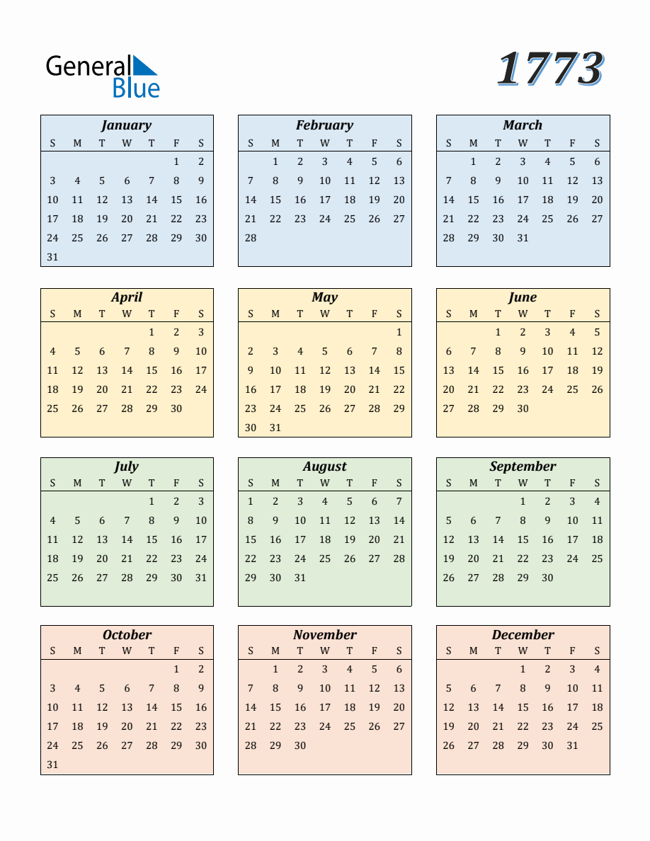 Calendar for Year 1773