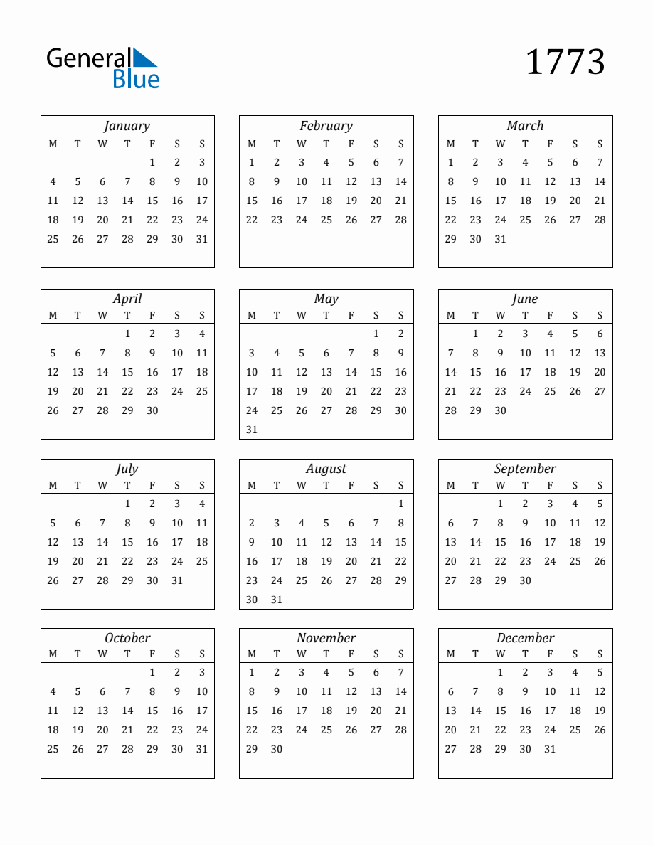 1773 Blank Yearly Calendar Printable