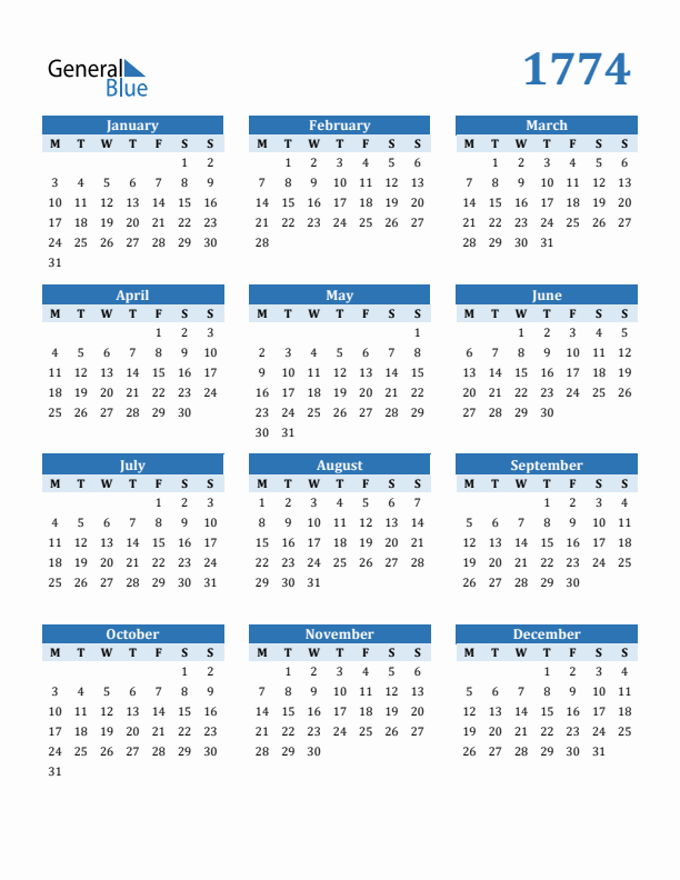 1774 Year Calendar with Monday Start