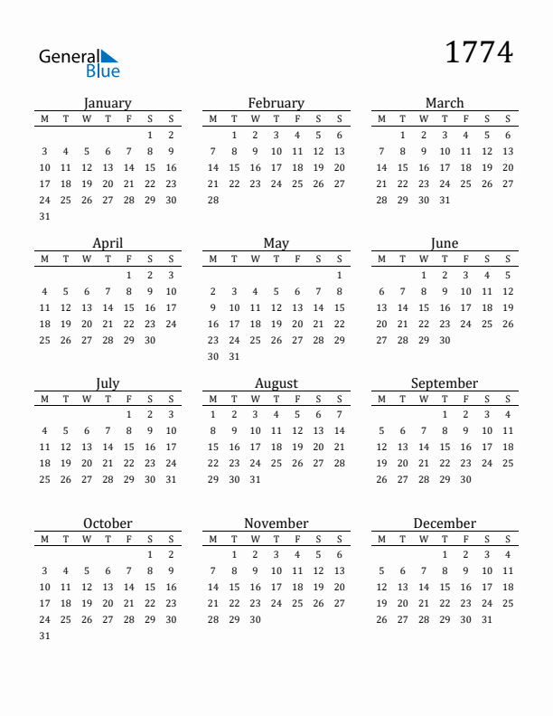 Free Printable Calendar 1774 with Monday Start