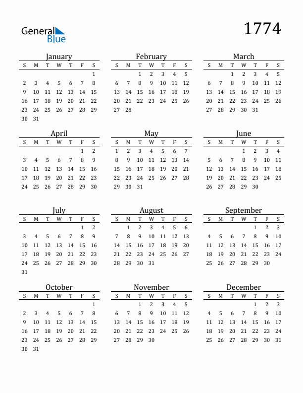 Free Printable Calendar 1774 with Sunday Start