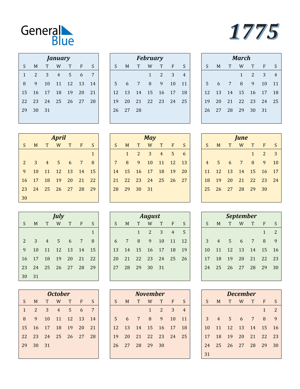 1775 Calendar (PDF, Word, Excel)