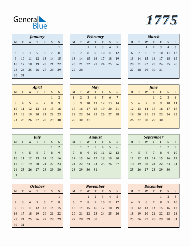 Calendar for 1775 (Monday Start)