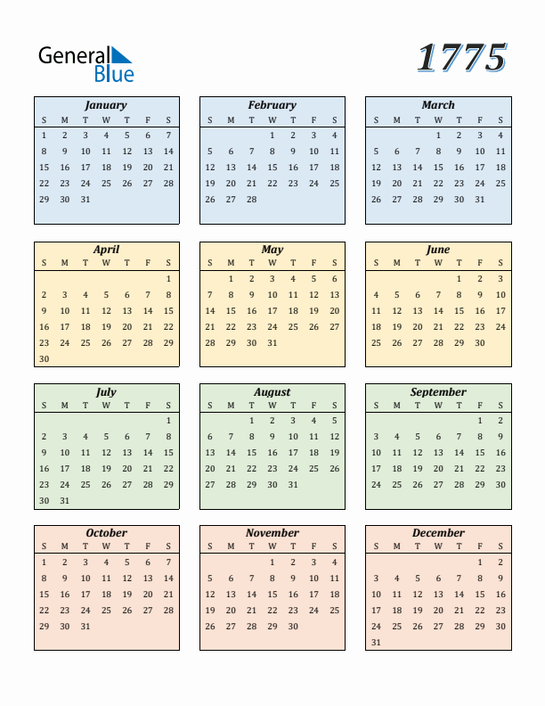 Calendar for 1775 (Sunday Start)