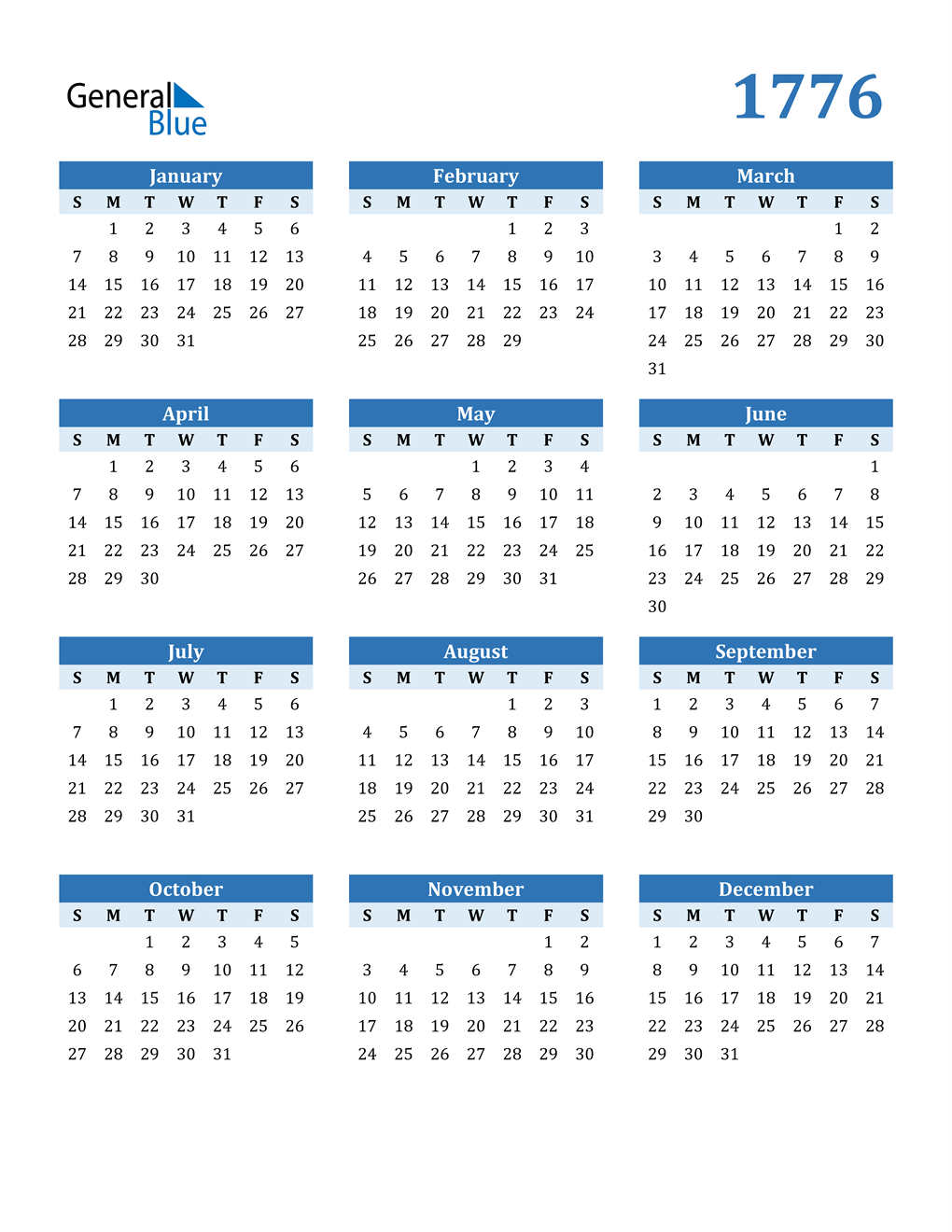 1776 Calendar (PDF, Word, Excel)