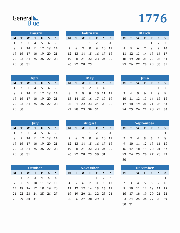 1776 Year Calendar with Monday Start