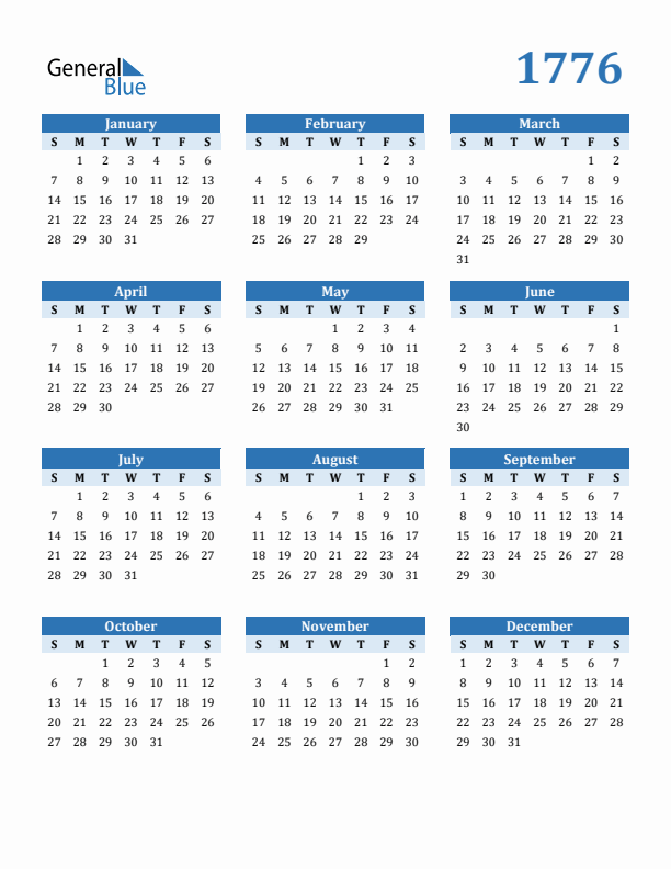 1776 Year Calendar with Sunday Start