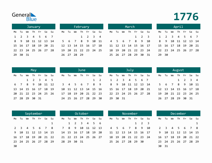 Downloadable 1776 Calendar