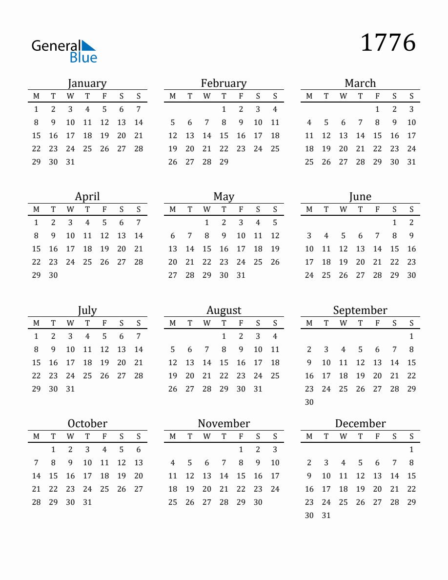 Year 1776 Free Printable 12-Month Calendar