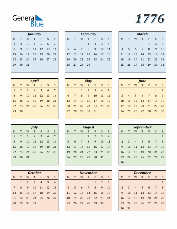 Calendar for 1776 (Monday Start)