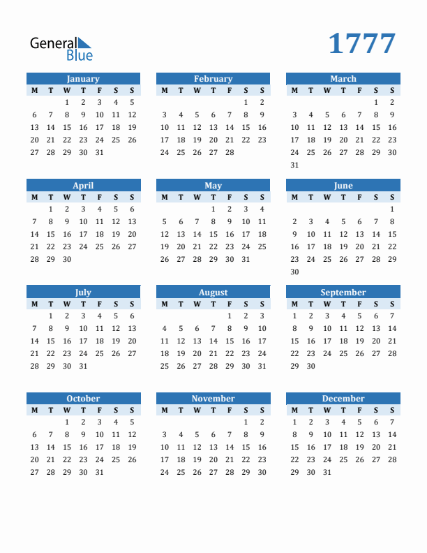 1777 Year Calendar with Monday Start