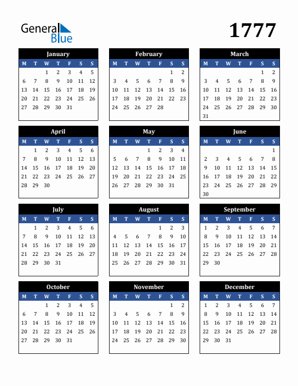Editable Calendar 1777 - Monday Start