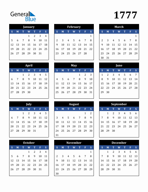 Editable Calendar 1777 - Sunday Start