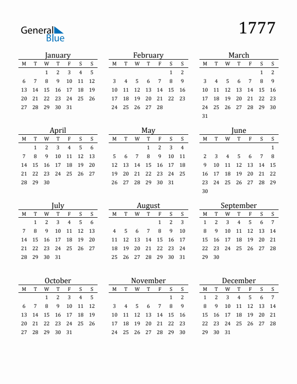 Free Printable Calendar 1777 with Monday Start