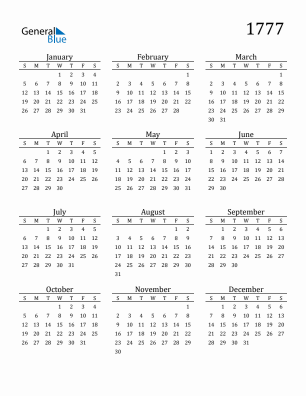 Free Printable Calendar 1777 with Sunday Start