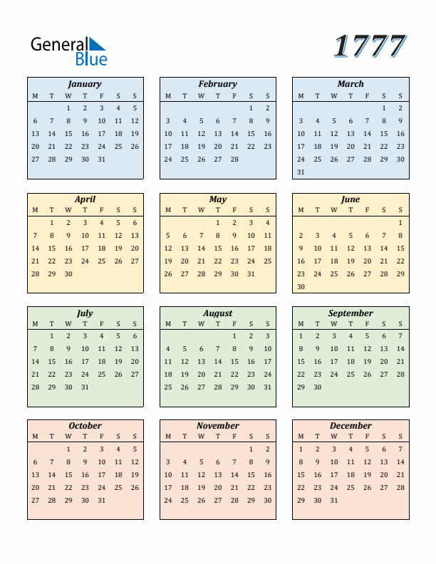 Calendar for 1777 (Monday Start)