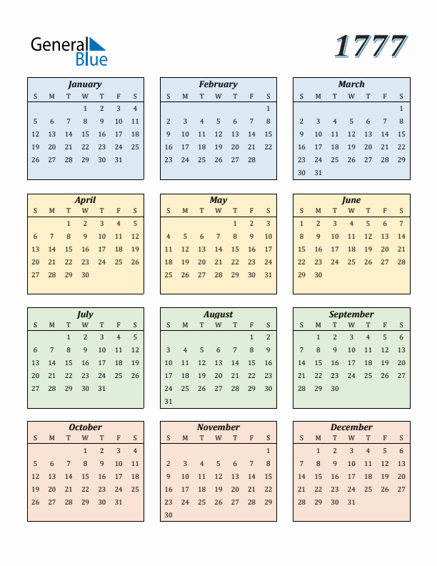 Calendar for 1777 (Sunday Start)