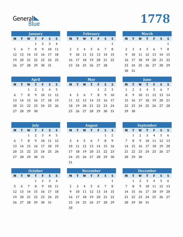 1778 Year Calendar with Monday Start