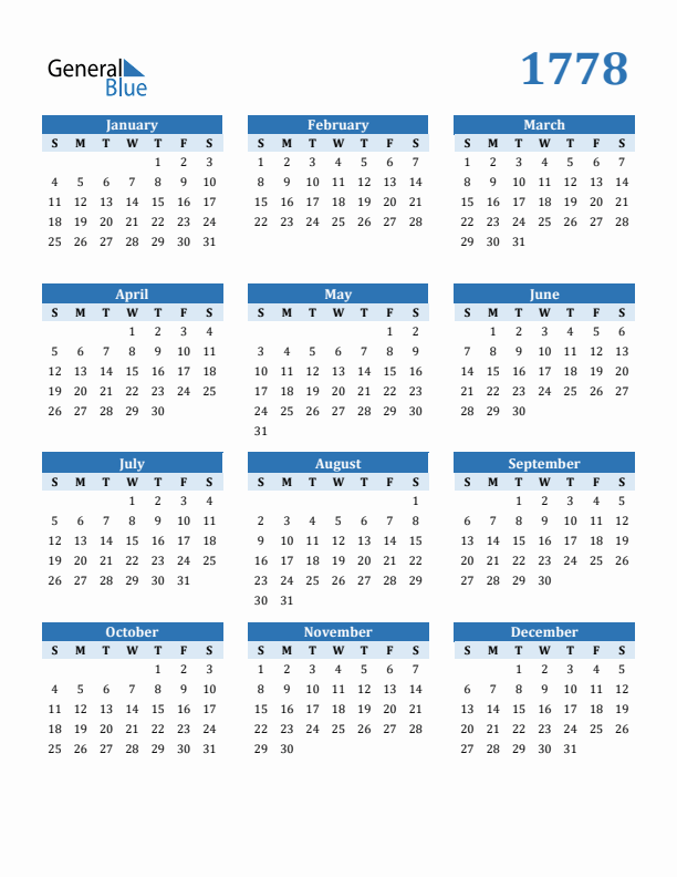 1778 Year Calendar with Sunday Start
