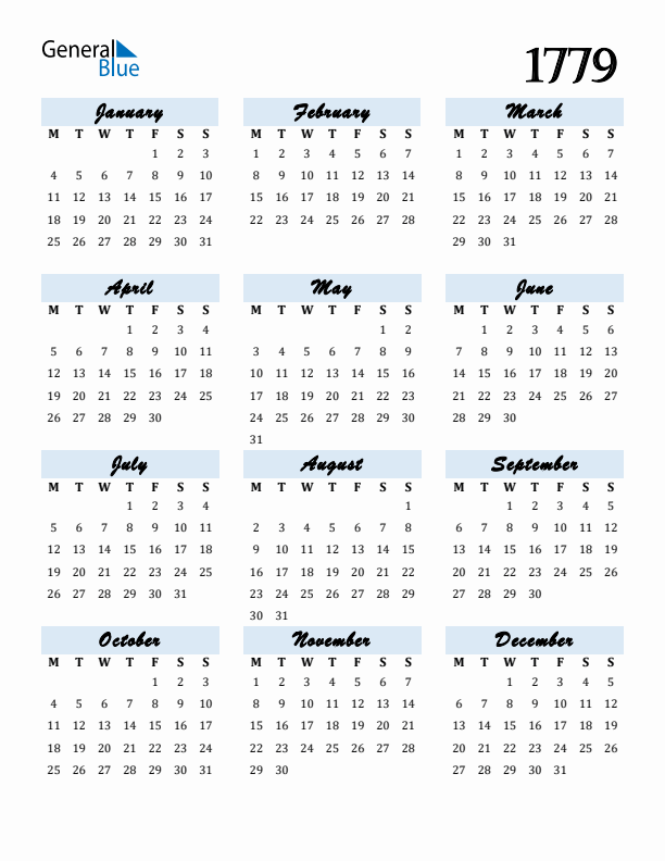 Calendar 1779 Free Download and Print