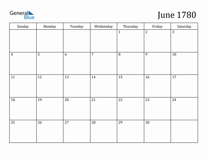 June 1780 Calendar