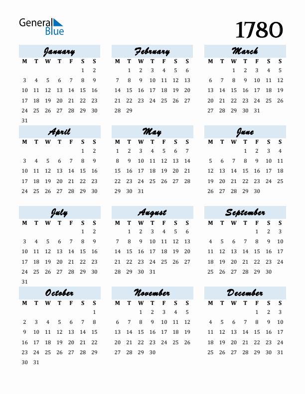 Calendar 1780 Free Download and Print