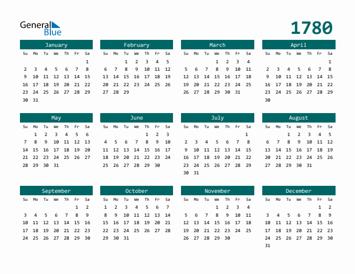 Downloadable 1780 Calendar