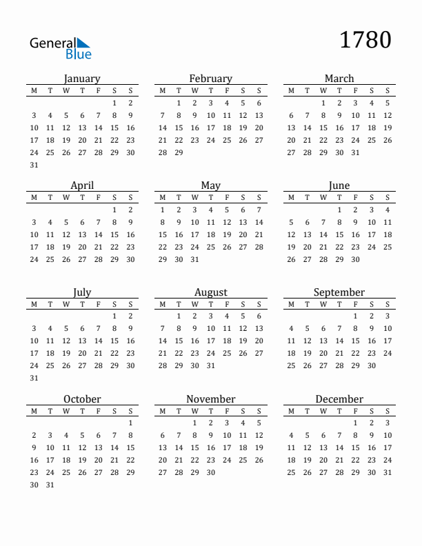 Free Printable Calendar 1780 with Monday Start